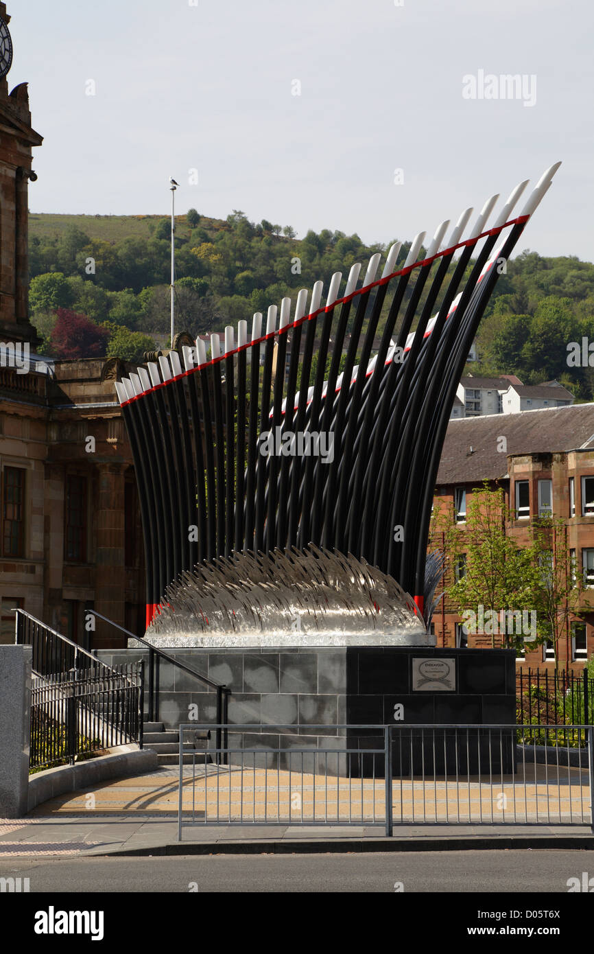 Nautical metal sculpture Endeavour of a ship's bow by Malcolm Robertson representing the shipbuilding history of Port Glasgow in Scotland, UK Stock Photo