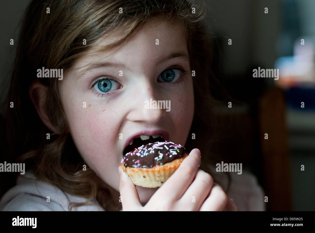 Blue eyed girl eating a chocolate covered cupcake. Stock Photo