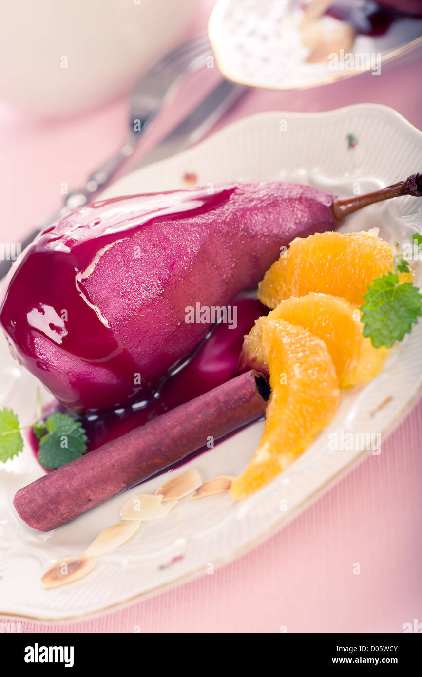 close up shut of a dish with pear dessert Stock Photo