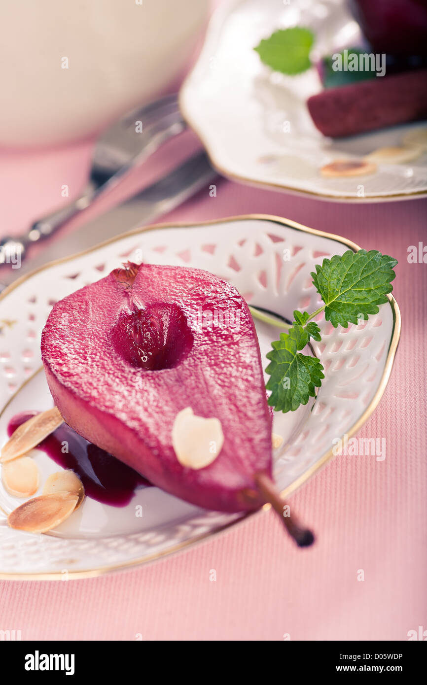 close up shut of a dish with pear dessert Stock Photo