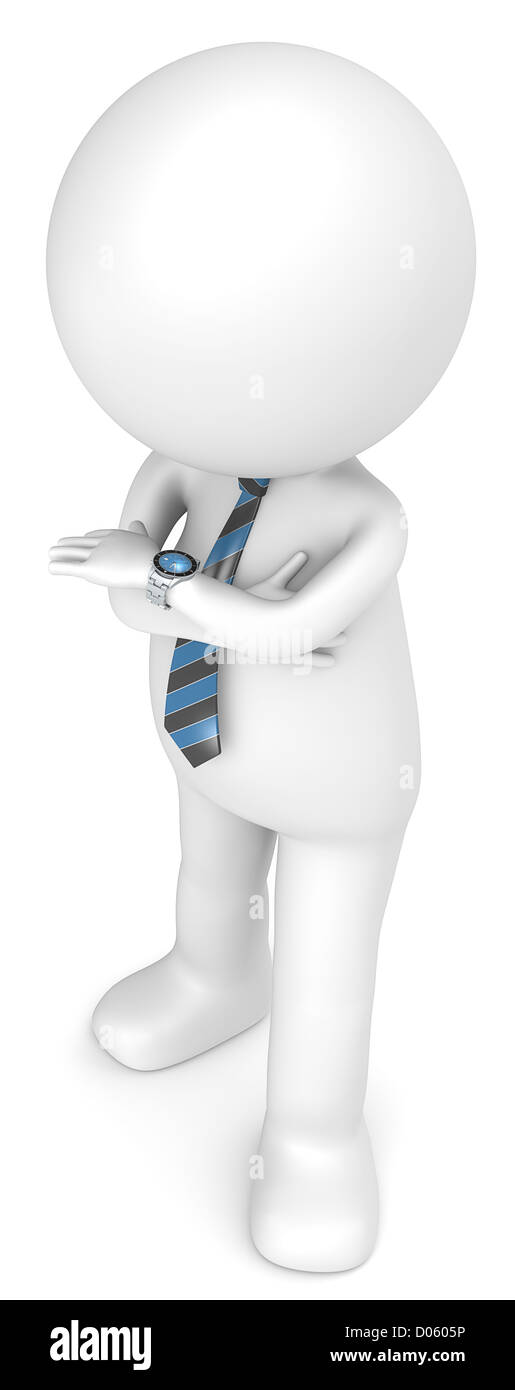 3D little human character the Business Man looking at his watch. Blue and Black theme color. People series. Stock Photo