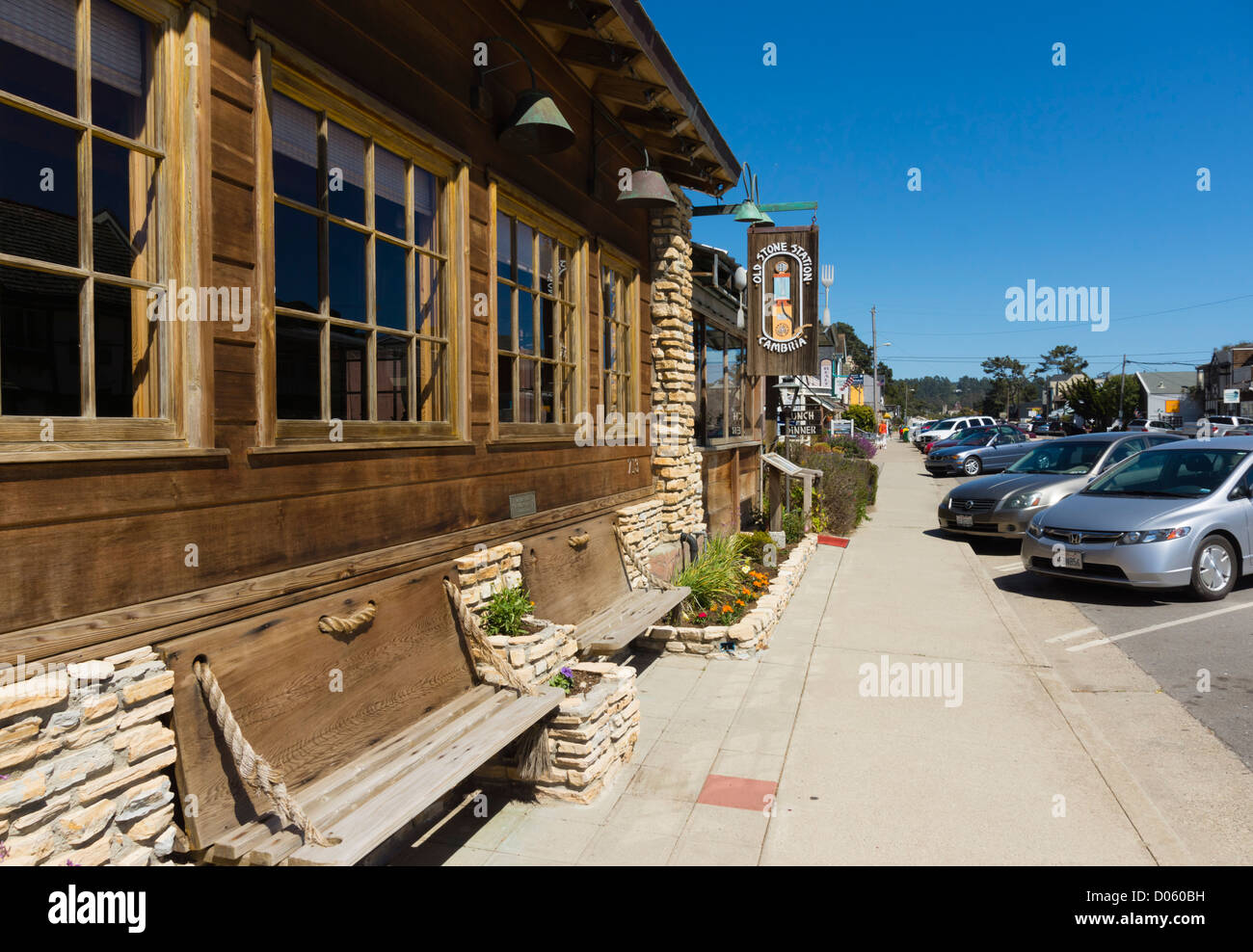 Small town of Cambria on Highway One, San Luis Obispo county, California. Old Stone Station restaurant. Stock Photo