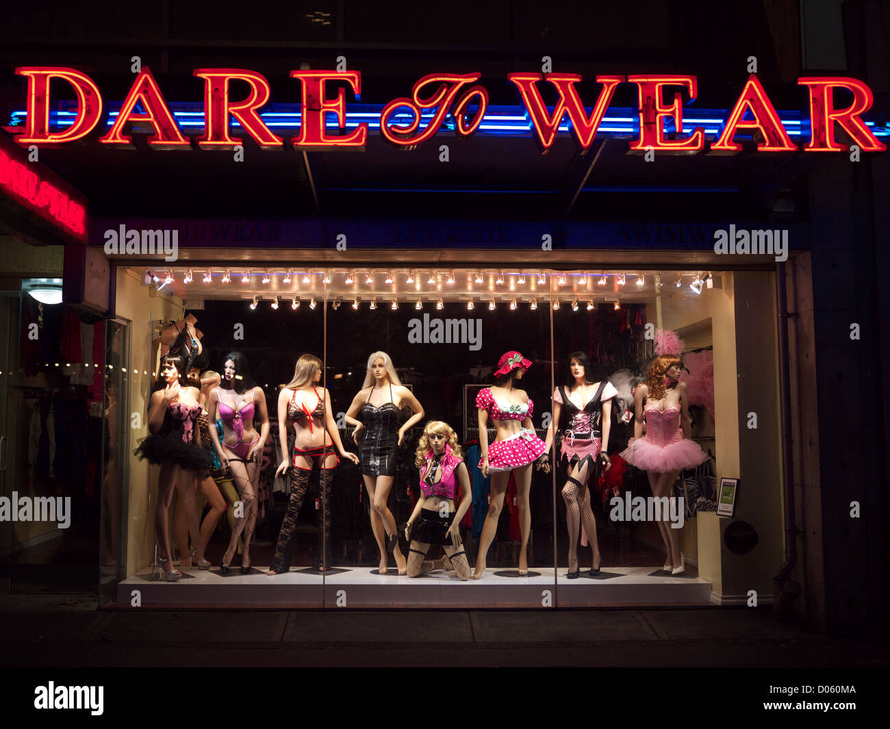 lingerie display on mannequins in shop window on Granville Street