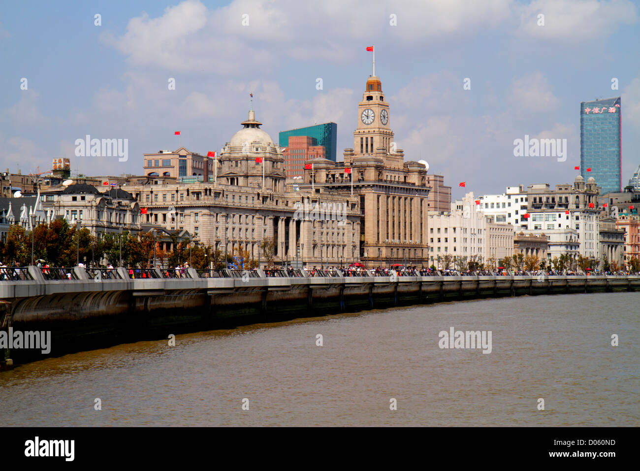 Shanghai China,Chinese Huangpu River,Jinling East Road Dongchang Road Ferry,view from,The Bund,Art Deco Neo Classical style buildings,city skyline,Hon Stock Photo