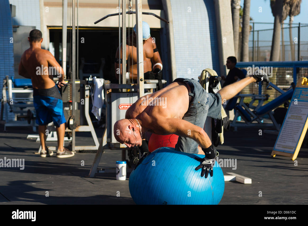 Venice Beach LA California seaside resort Muscle Beach exercise zone created by Joe Weider the bodybuilder. Balance ball Stock Photo Alamy
