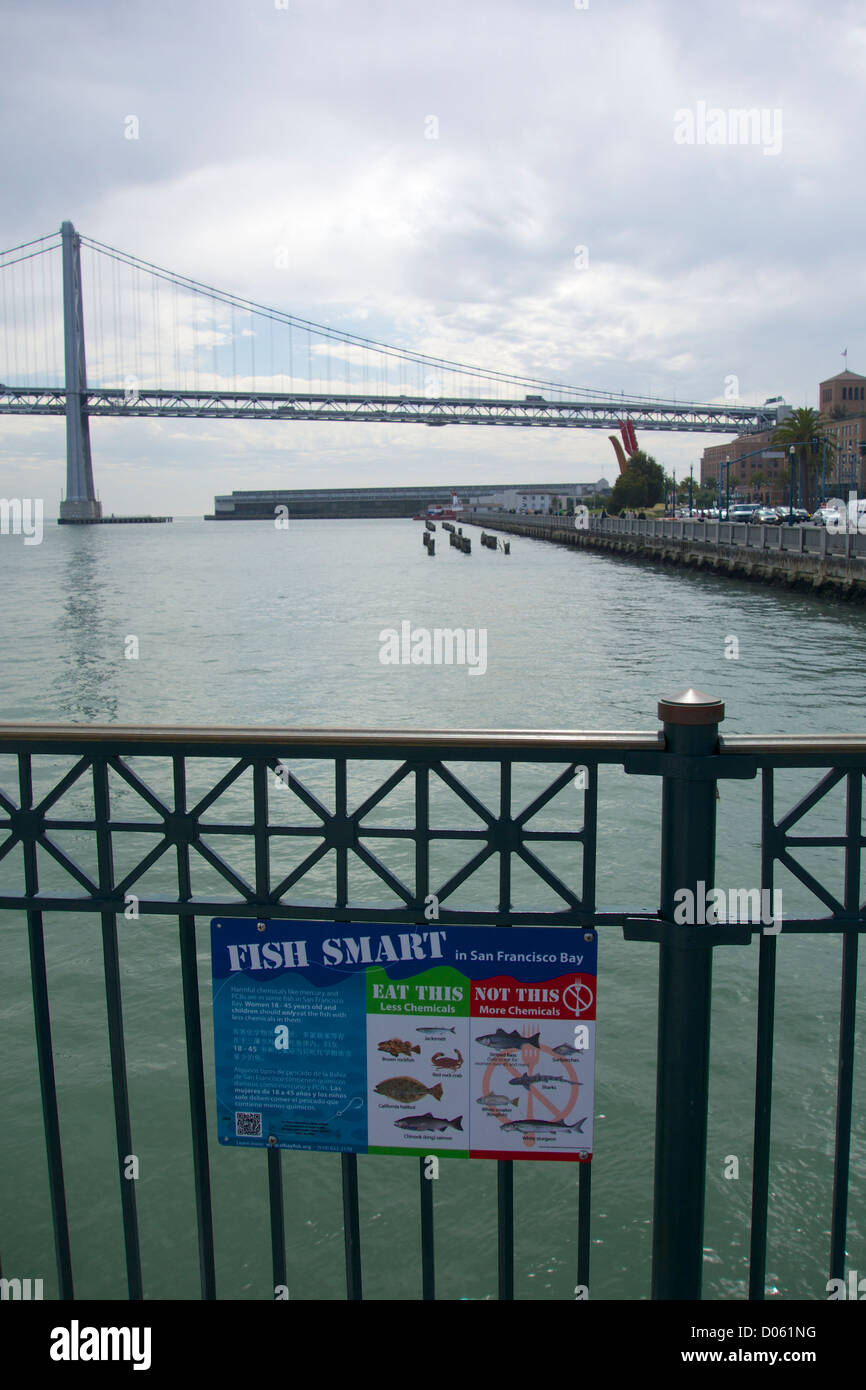 Sign warning of chemical contamination in some fish. Pier 14 San Francisco Californis Stock Photo
