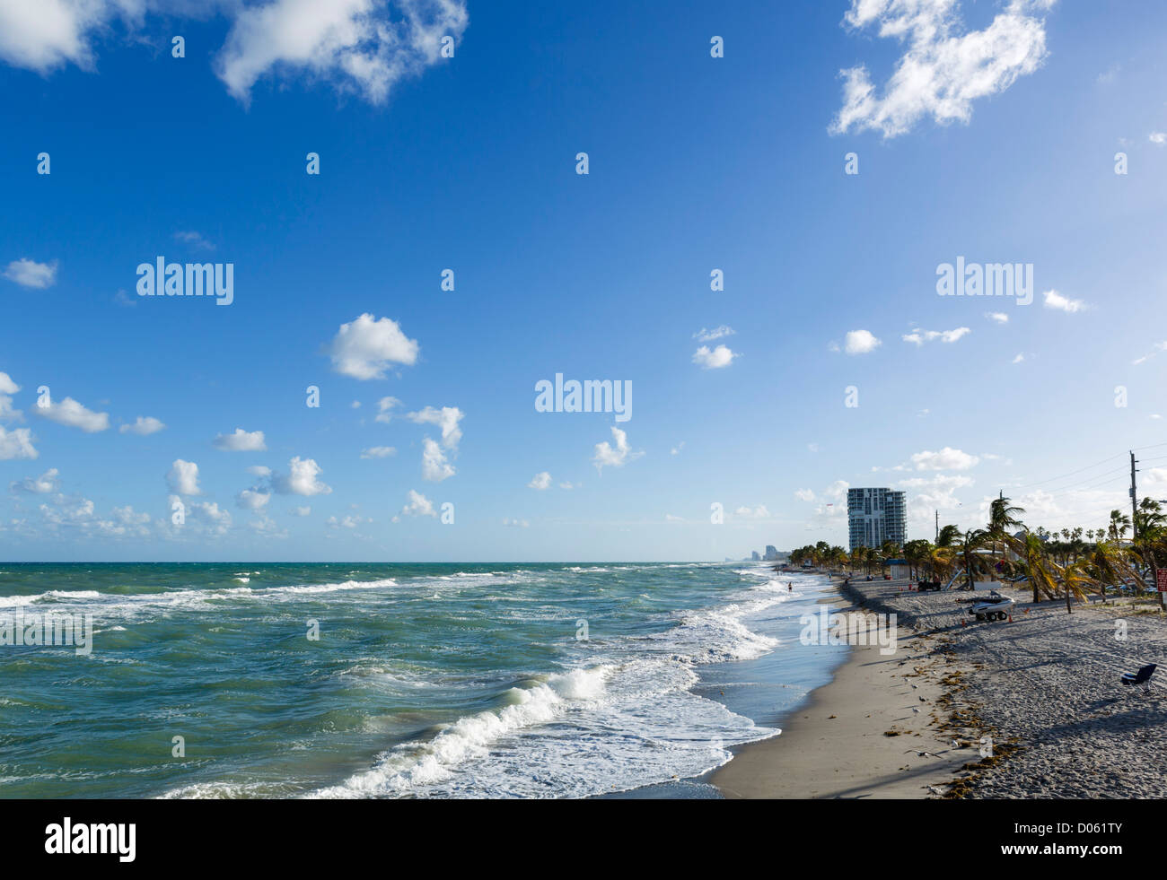 View of the beach from the pier at Dania Beach, near Fort Lauderdale, Broward County, Gold Coast, Florida, USA Stock Photo