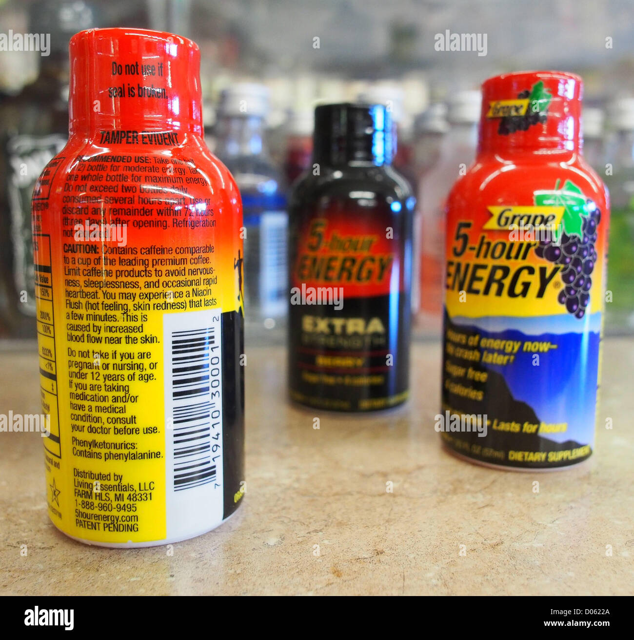 Jan. 1, 2012 - Orange County, California, USA - The label on the back of a 5-Hour Energy drink 1.93 ounce bottle cites the recommended use of the product along with caution information for the consumer.  5-Hour Energy drinks come in several flavors including orange, cherry and grape as well as a berry flavor in an extra strength mix.  News outlets, including ABC's Nightline, have reported that 13 deaths along with over 30 hospitalizations over the last 4 years in the United States can be attributed to the use of highly caffeinated energy drinks like 5-Hour Energy and Monster.  The drinks carry Stock Photo