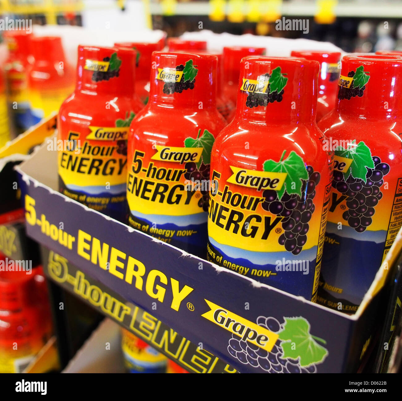 Jan. 1, 2012 - Orange County, California, USA - 5-Hour Energy drinks come in several flavors including orange, cherry and grape as well as a berry flavor in an extra strength mix.News outlets, including ABC's Nightline, have reported that 13 deaths along with over 30 hospitalizations over the last 4 years in the United States can be attributed to the use of highly caffeinated energy drinks like 5-Hour Energy and Monster.  The drinks carry no age restriction and can be purchased by children.  In the case of 5-Hour Energy,  the drink has the caffeine equivalent of two regular cups of coffee in l Stock Photo