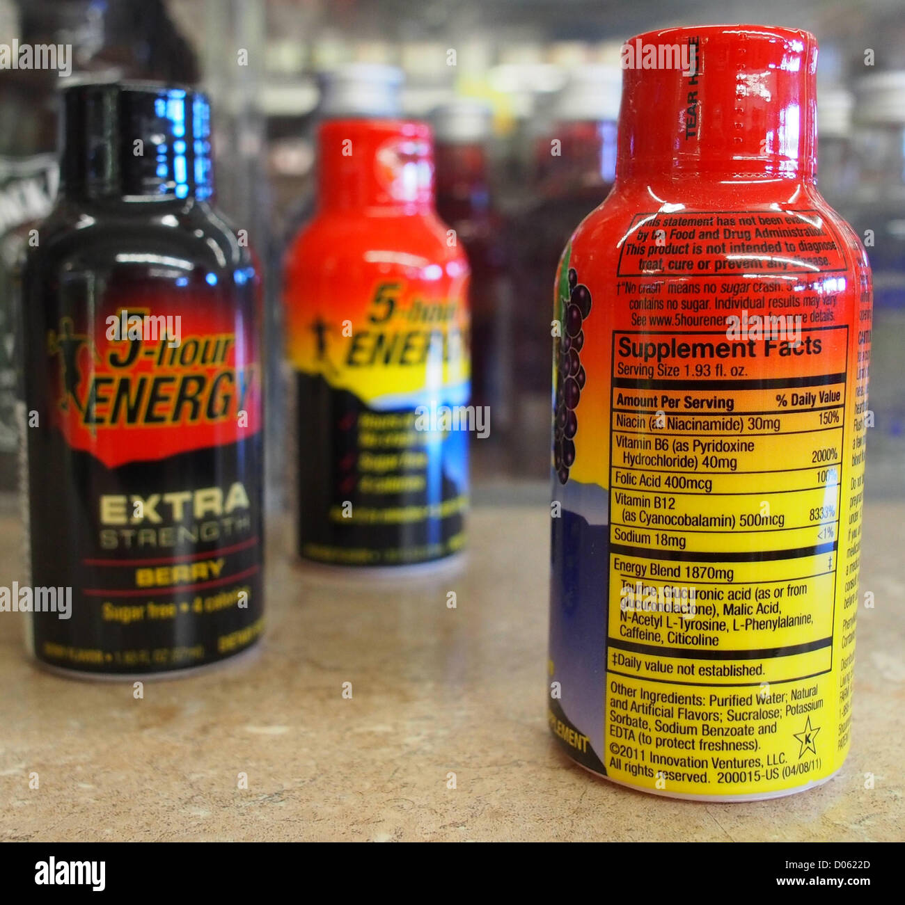 Jan. 1, 2012 - Orange County, California, USA - The supplemental label on the back of a 1.93 ounce 5-Hour Energy Drink.  5-Hour Energy drinks come in several flavors including orange, cherry and grape as well as a berry flavor in an extra strength mix.  News outlets, including ABC's Nightline, have reported that 13 deaths along with over 30 hospitalizations over the last 4 years in the United States can be attributed to the use of highly caffeinated energy drinks like 5-Hour Energy and Monster.  The drinks carry no age restriction and can be purchased by children.  In the case of 5-Hour Energy Stock Photo