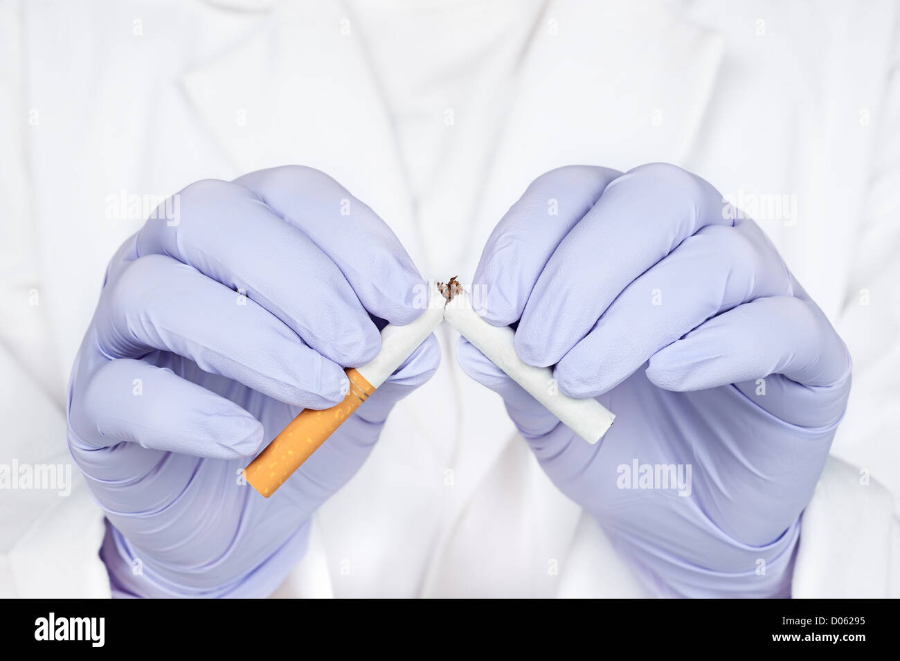 A health care worker wearing protective medical gloves breaks a cigarette as a symbol of quitting smoking. Stock Photo