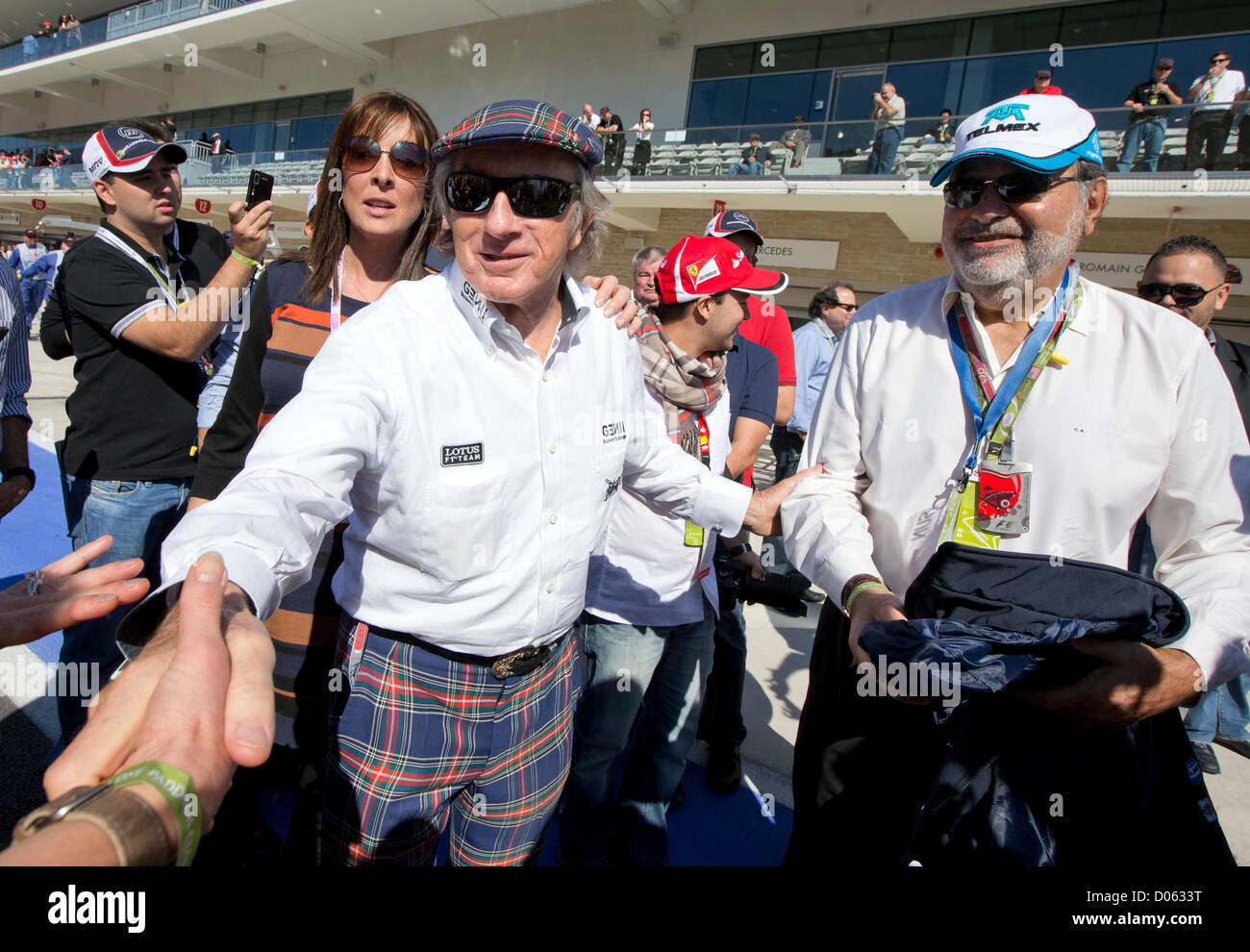 Former F1 driver Jackie Stewart (l) with Mexican businessman Carlos Slim before the United States Grand Prix in Austin, Texas Stock Photo