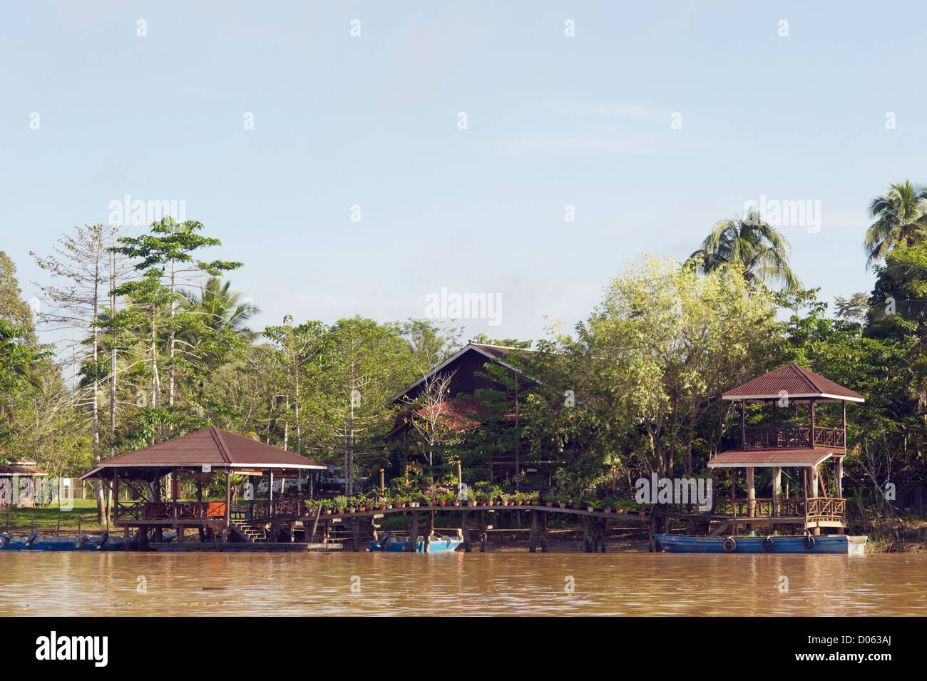 Malaysian homes on banks of Kinabatangan River, Sabah, Borneo Stock Photo