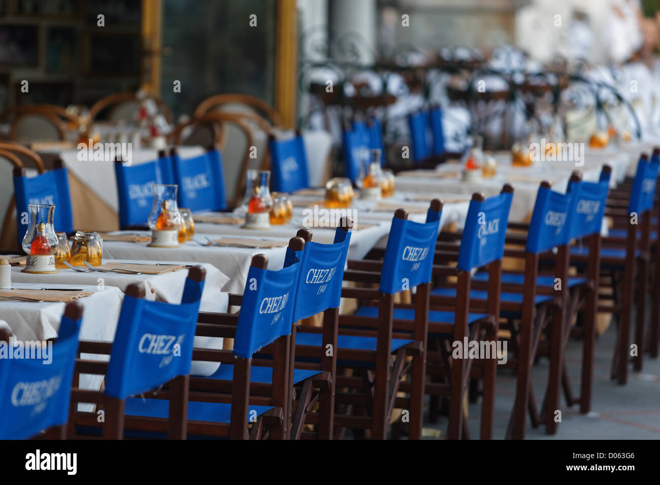 Row of Set Restaurant Tables Outdoors, Positano, Campania, Italy Stock Photo
