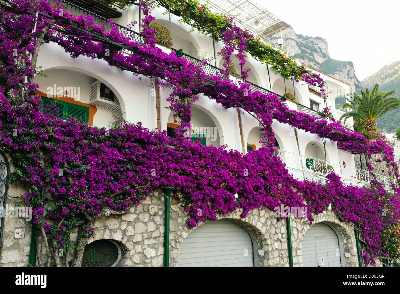 Purple Flower Covered House Facade, Hotel Poseidon, Positano, Campania, Italy Stock Photo