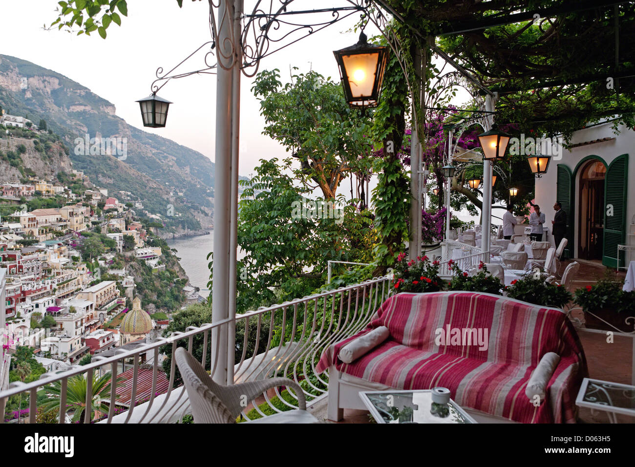 Evening View of Positano from a Terrace, Hotel Poseidon, Positano, Campania, Italy Stock Photo