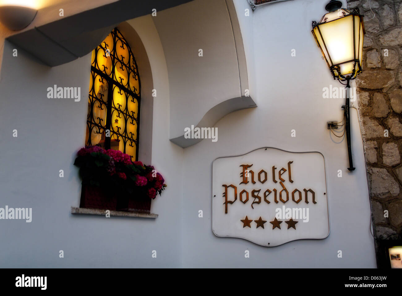 Hotel Sign with a Lamp, Hotel Poseidon, Positano, Campania, Italy Stock Photo
