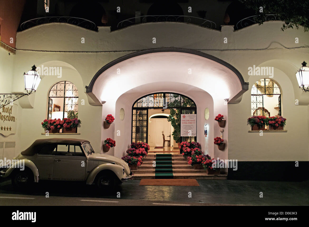 Entrance View of a Boutique Hotel at Night, Hotel Poseidon, Positano, Campania, Italy Stock Photo
