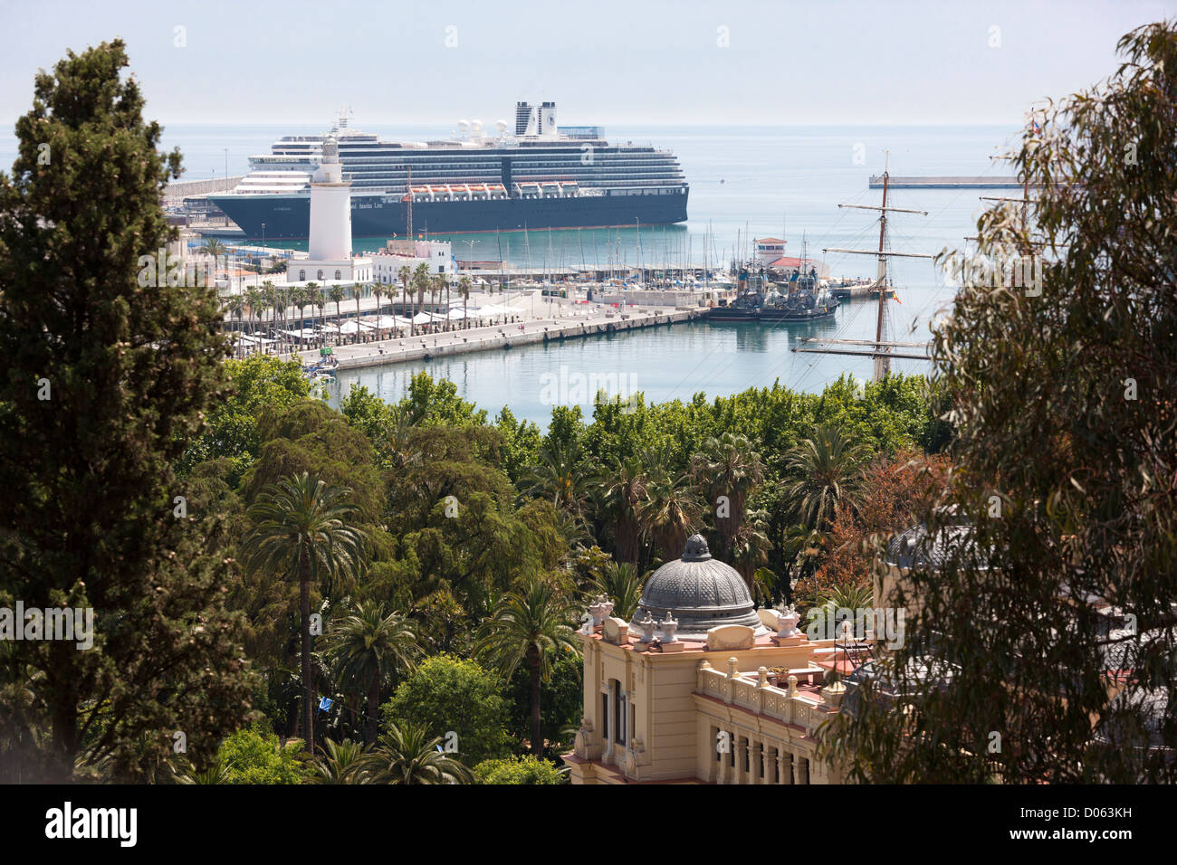 Malaga Spain. Holland America Line cruise ship Noordam at cruise terminal. Harbor harbour new boulevard promenade. Stock Photo