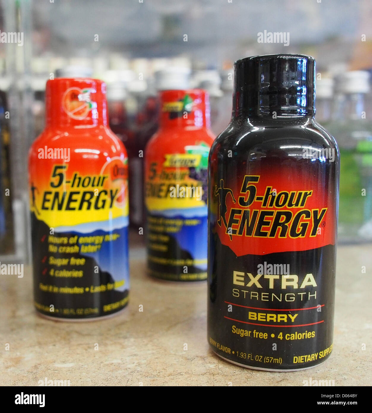 Jan. 1, 2012 - Orange County, California, USA - 5-Hour Energy drinks come in several flavors including orange, cherry and grape as well as a berry flavor in an extra strength mix.  News outlets, including ABC's Nightline, have reported that 13 deaths along with over 30 hospitalizations over the last 4 years in the United States can be attributed to the use of highly caffeinated energy drinks like 5-Hour Energy and Monster.  The drinks carry no age restriction and can be purchased by children.  In the case of 5-Hour Energy,  the drink has the caffeine equivalent of two regular cups of coffee in Stock Photo