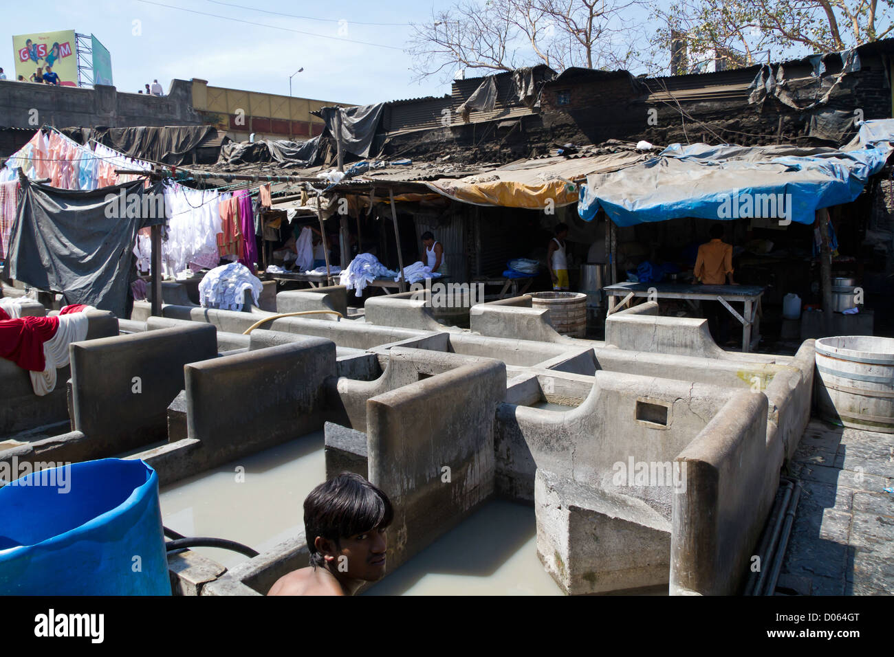 Stone Wash Pens in the open air Laundry of Dhobi Ghat in Mumbai, India