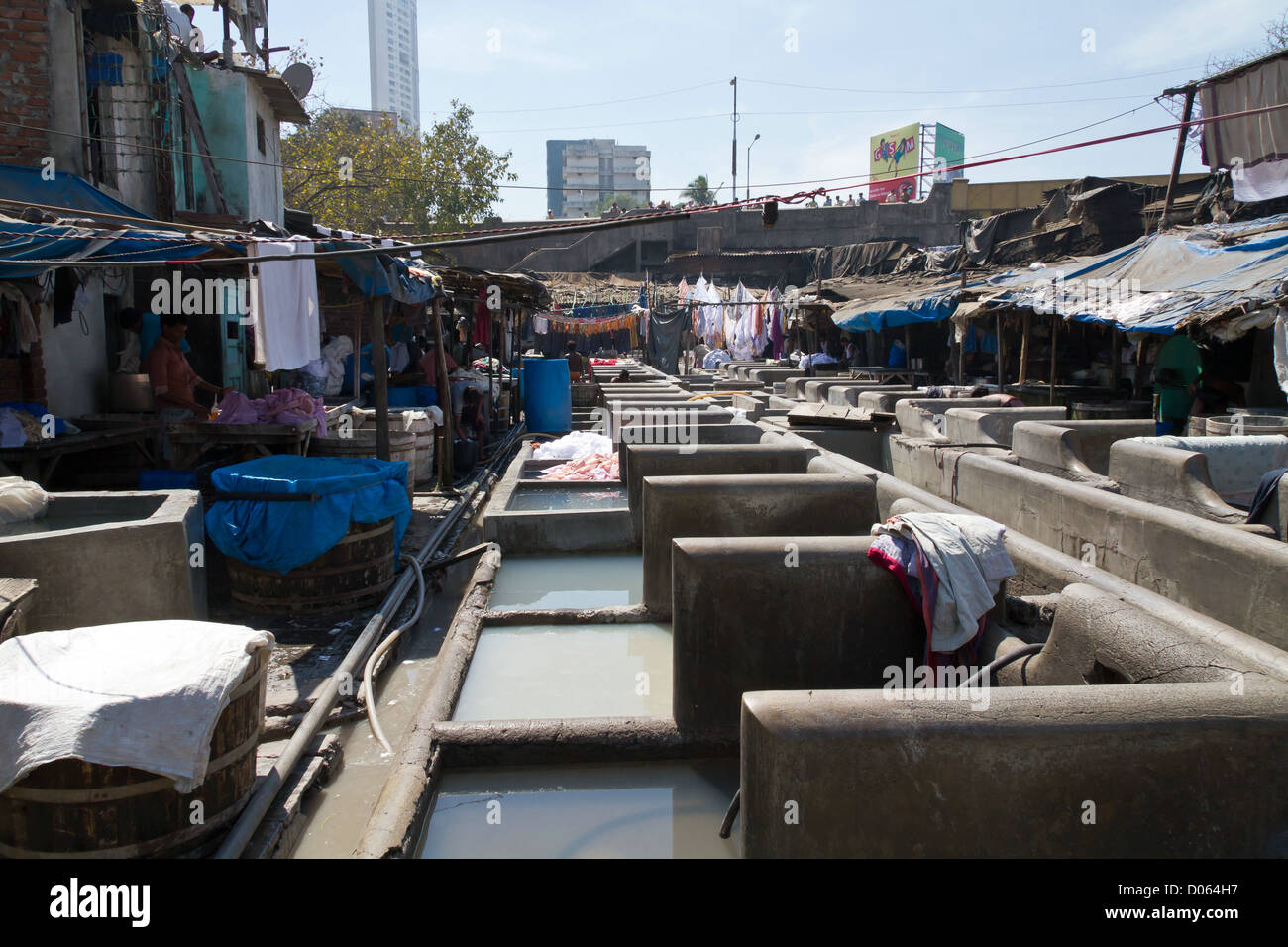Stone Wash Pens in the open air Laundry of Dhobi Ghat in Mumbai, India