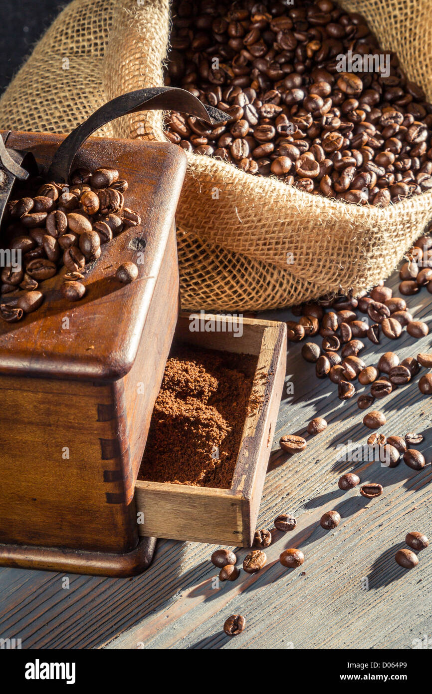 Ground coffee in an old fashioned grinder Stock Photo Alamy