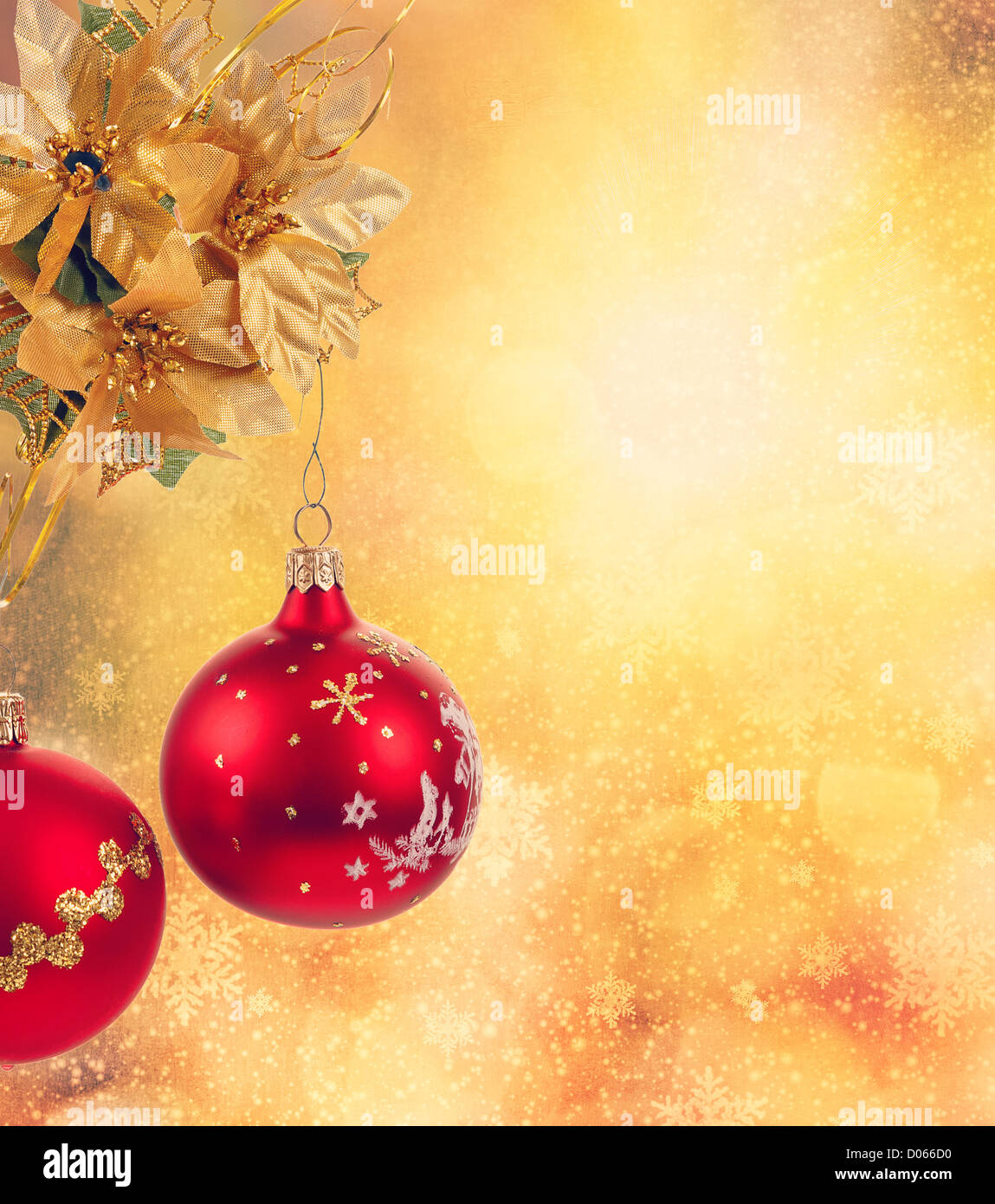 golden christmas background with red balls and snowflakes Stock Photo ...