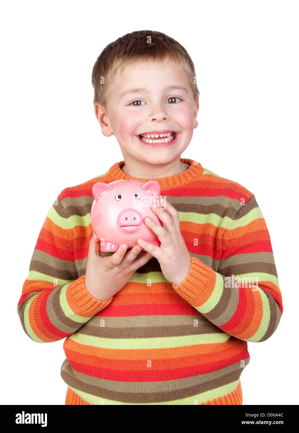Adorable child with his piggy-bank isolated on white background Stock ...