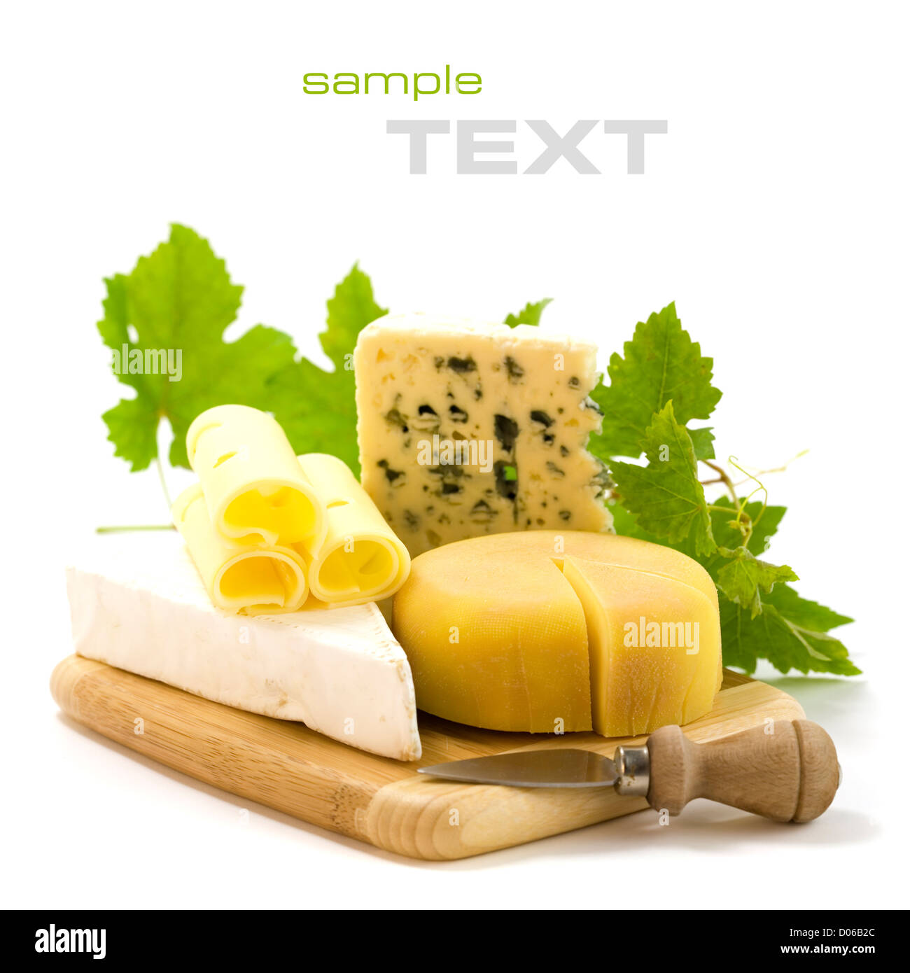 4 kinds of cheese with a cheese knife and grape leaves. With sample