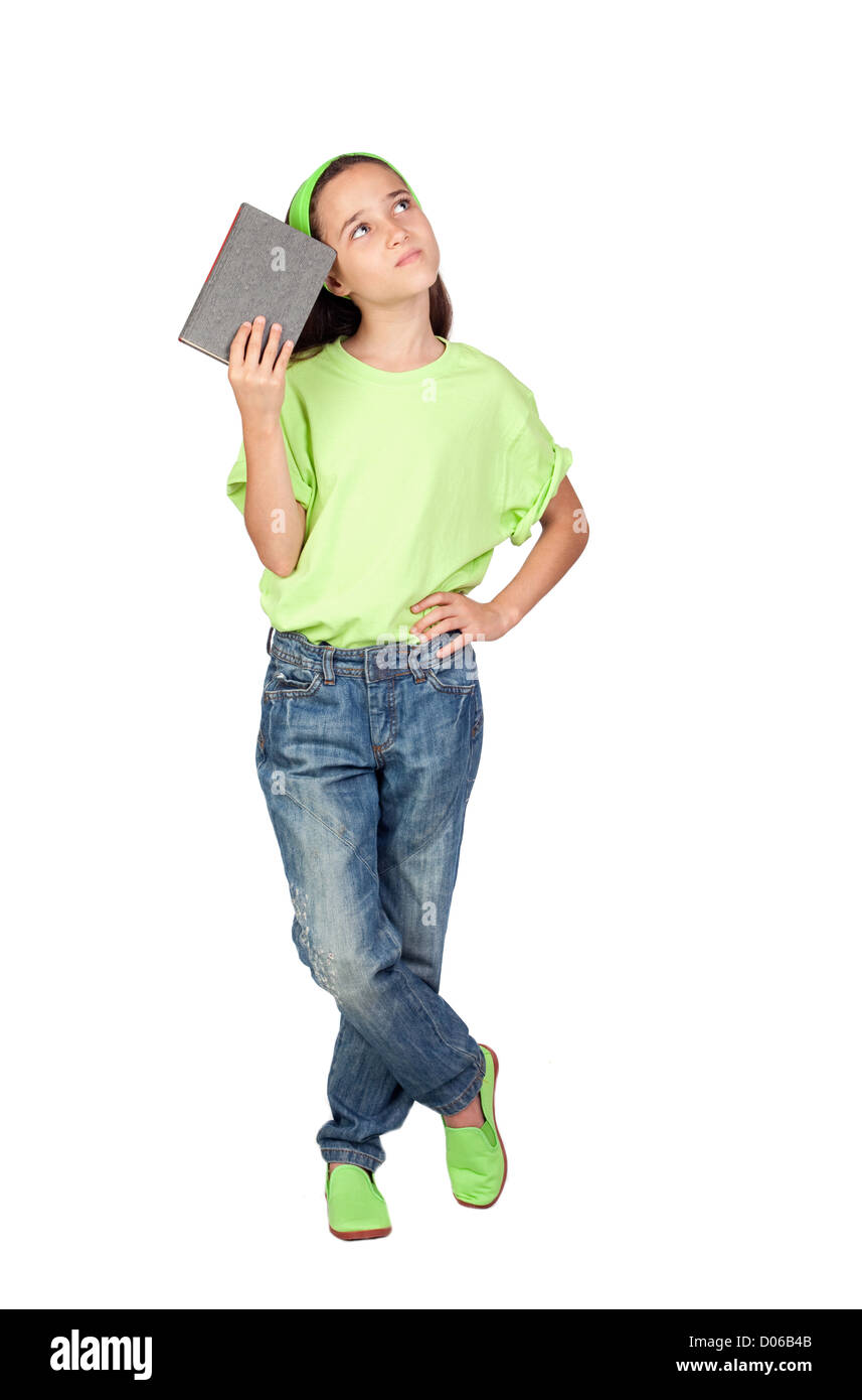 Adorable little girl reading a book isolated on white background Stock ...