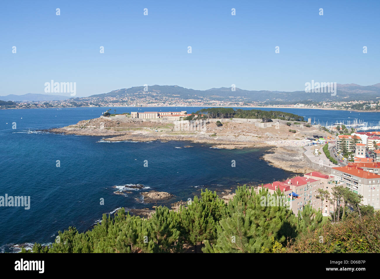 Beautiful view of Baiona with a blue sea Stock Photo