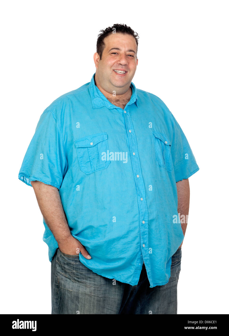 Happy fat man with blue shirt isolated on white background Stock Photo - Alamy Happy fat man with blue shirt isolated on white background Stock Photo - Alamy