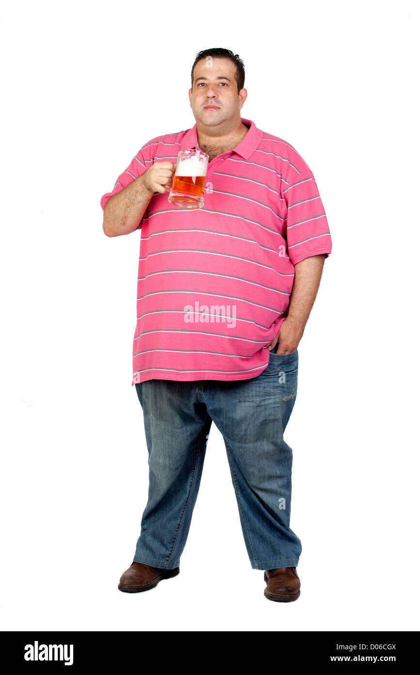 Fat man drinking a jar of beer isolated on white background Stock Photo
