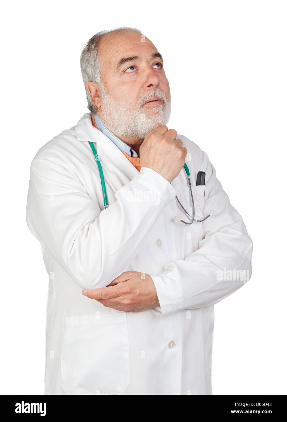 Pensive senior doctor isolated on white background Stock Photo - Alamy
