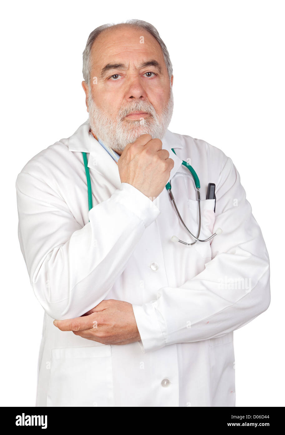 Pensive senior doctor isolated on white background Stock Photo - Alamy