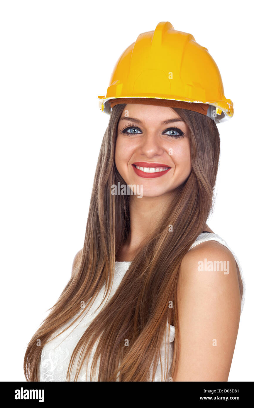Young Woman with a Construction Helmet Isolated on White Stock Photo Alamy