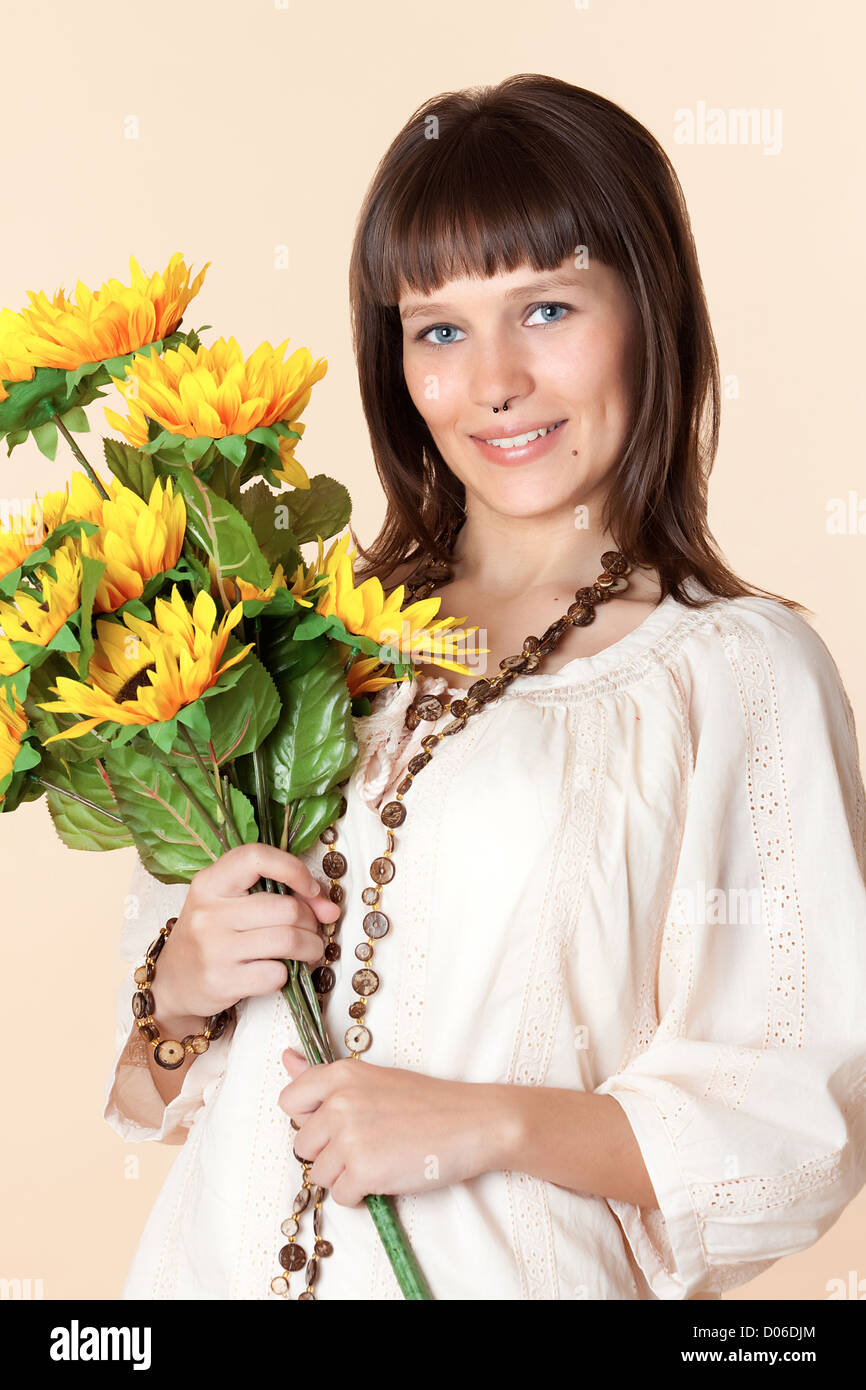 Attractive young woman with a beautiful bouquet of flowers Stock Photo ...