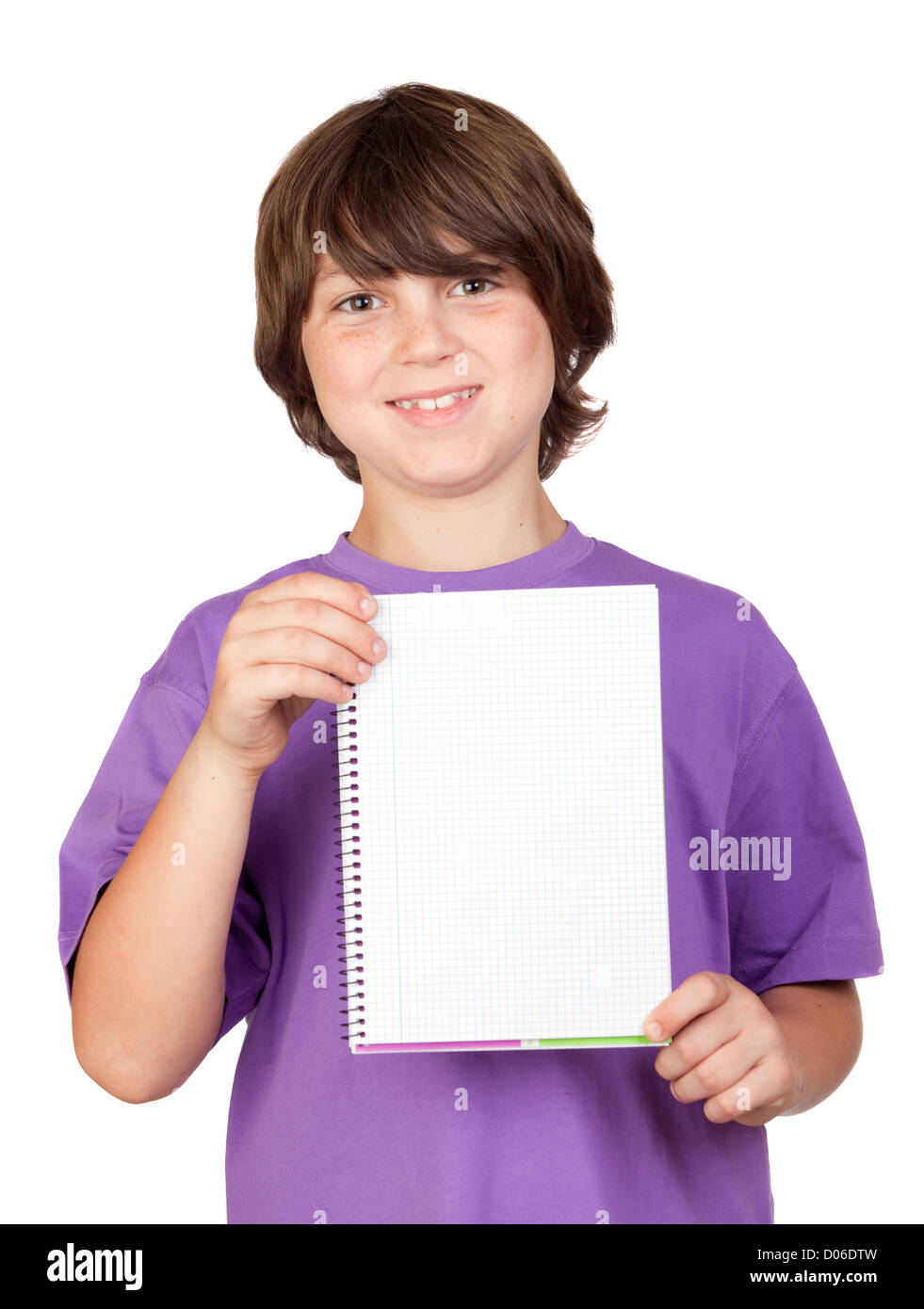 Nice child with blank notebook isolated on white background Stock Photo ...