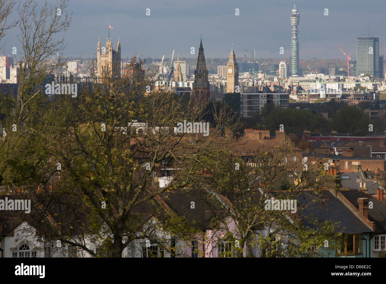 100 year-old ash trees seen overlooking south London towards Westminster and the Houses of Parliament. Stretching into the distance, as we look northwards are the tall towers of the Palace of Westminster and Queen Elizabeth Towert (Big Ben) - the seats of power and government of the United Kingdom. It is autumn and leaves are falling from the ash trees in the foreground that a century old but now in jeopardy from ash dieback disease (Chalara fraxinea) which is currently claiming the lives of Britain's young and old ash trees. Stock Photo