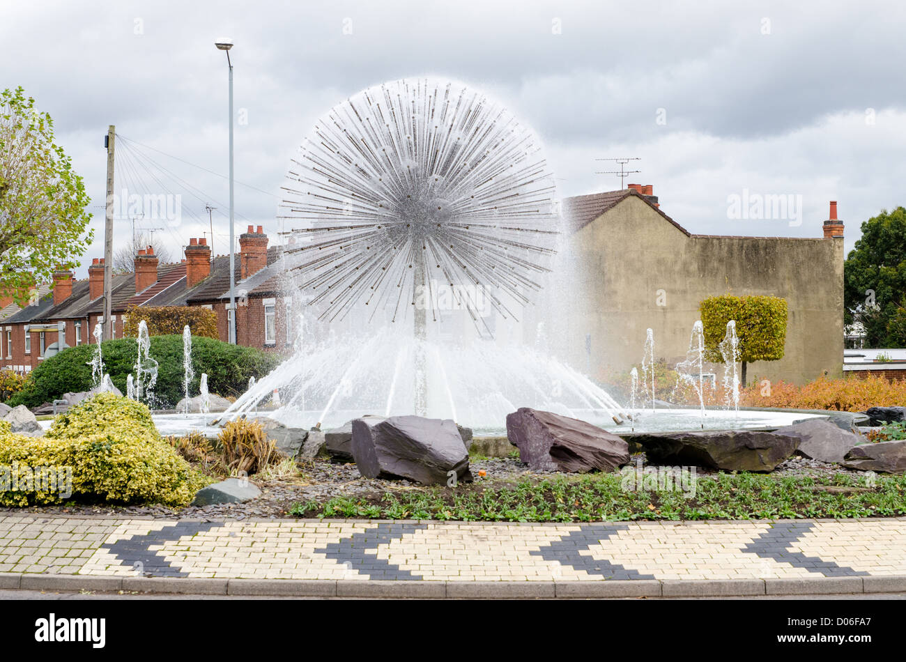 Roundabout in Nuneaton, Warwickshire with water feature Stock Photo