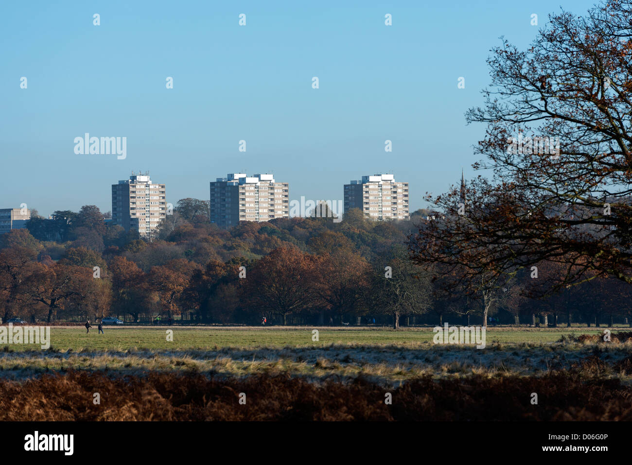 Distant view of high rise buildings Richmond Royal Park South West London Surrey UK Stock Photo