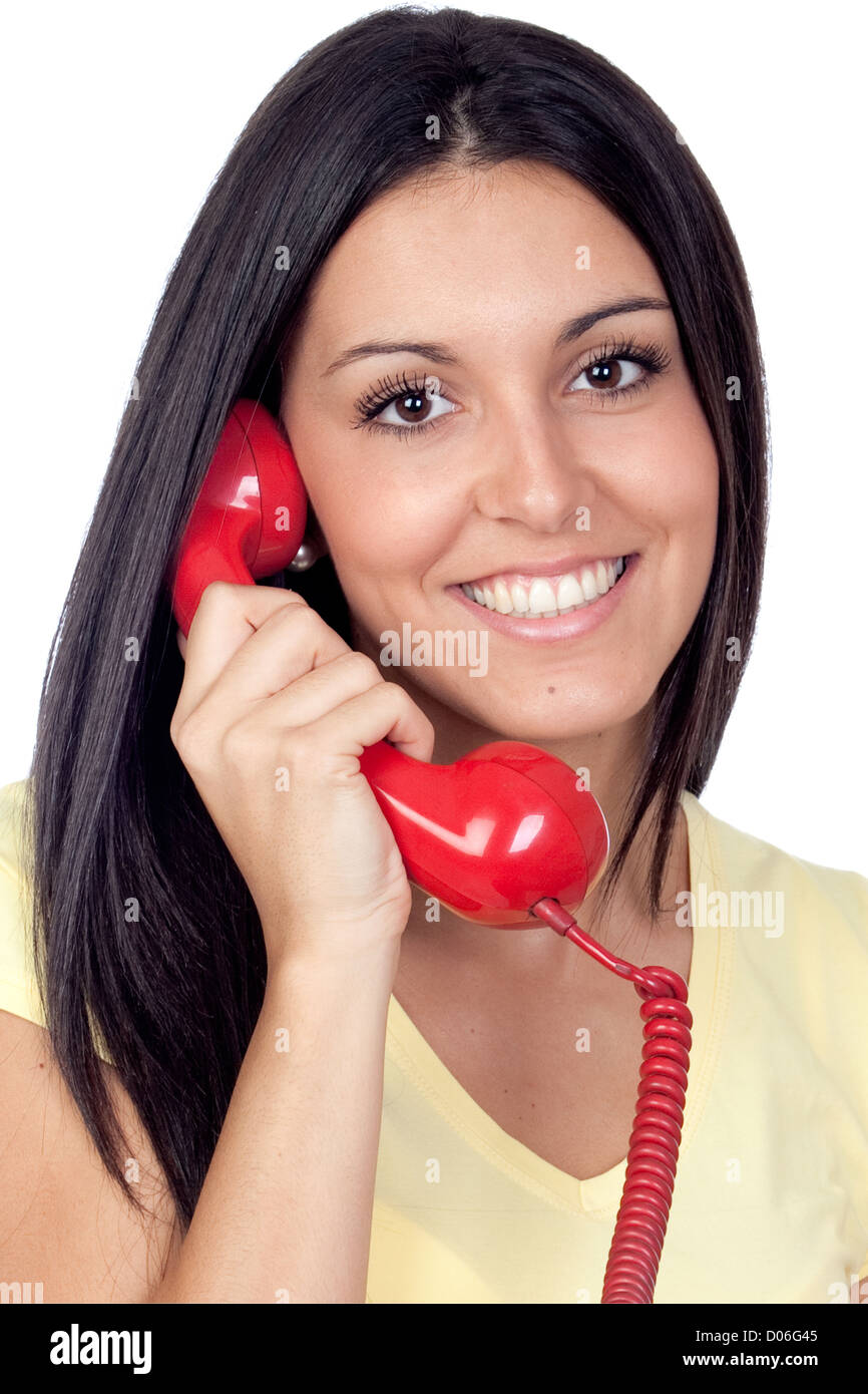 Attractive girl calling with red phone isolated on white