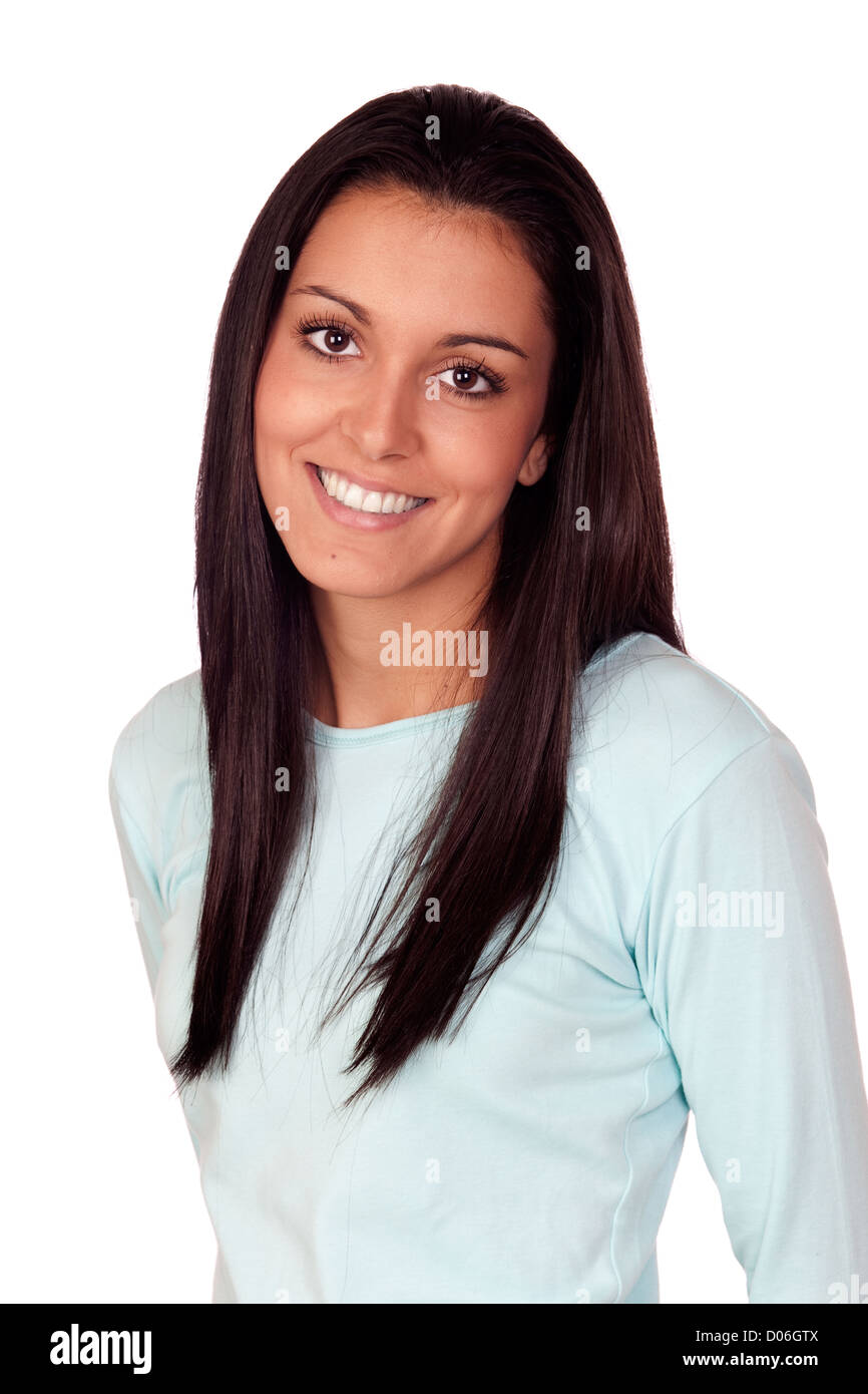 Pretty brunette woman with long hair isolated on white background Stock ...