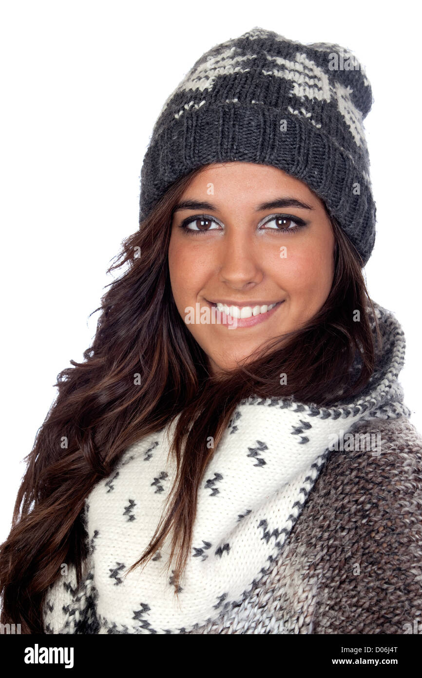 Beautiful girl dressed in winter clothing isolated on a over white ...