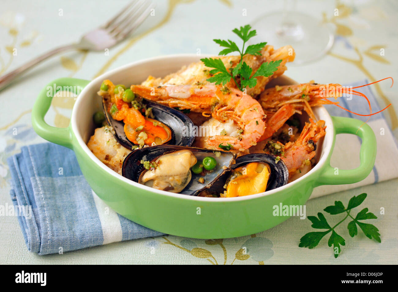 Monkfish and shellfish. Recipe available. Stock Photo