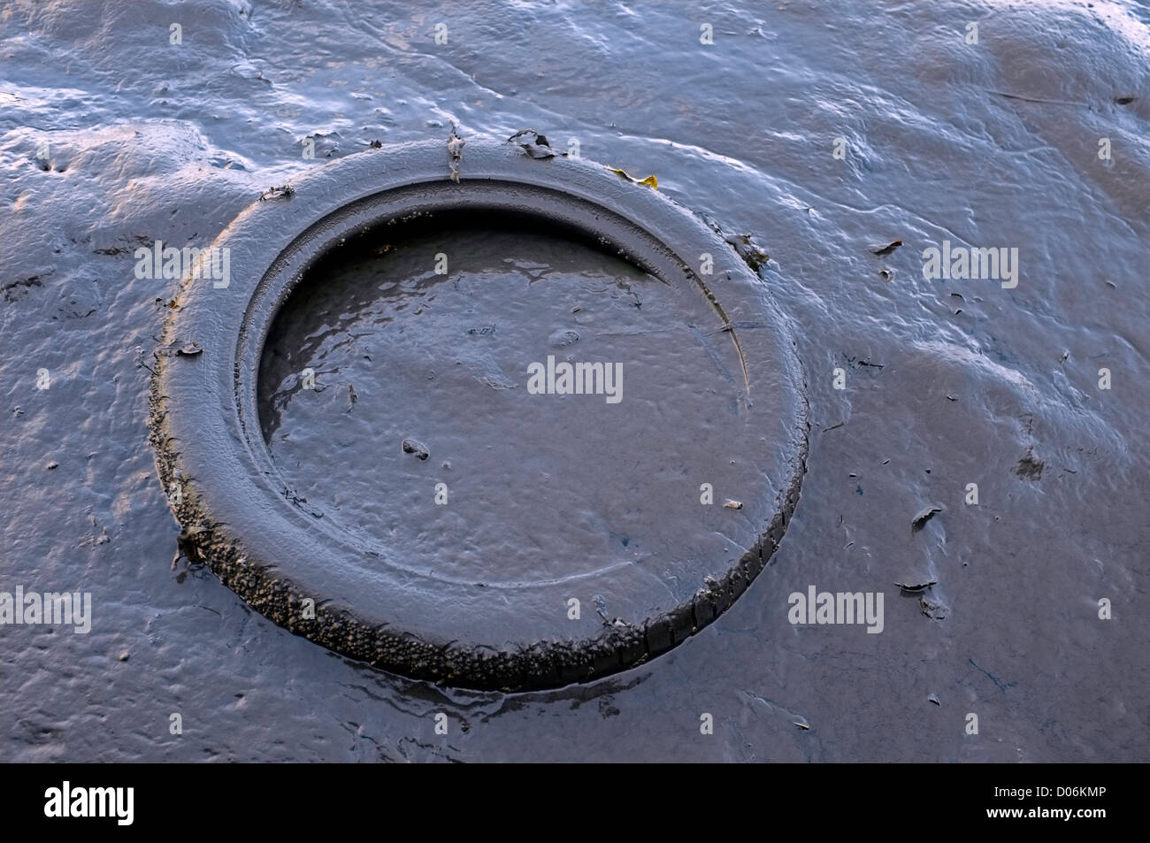 A rubber tire semi-submerged in mud Stock Photo