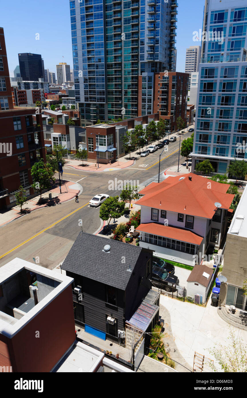 San Diego - looking down on the corner of Island and 9th Street, unusual low-rise buildings Stock Photo