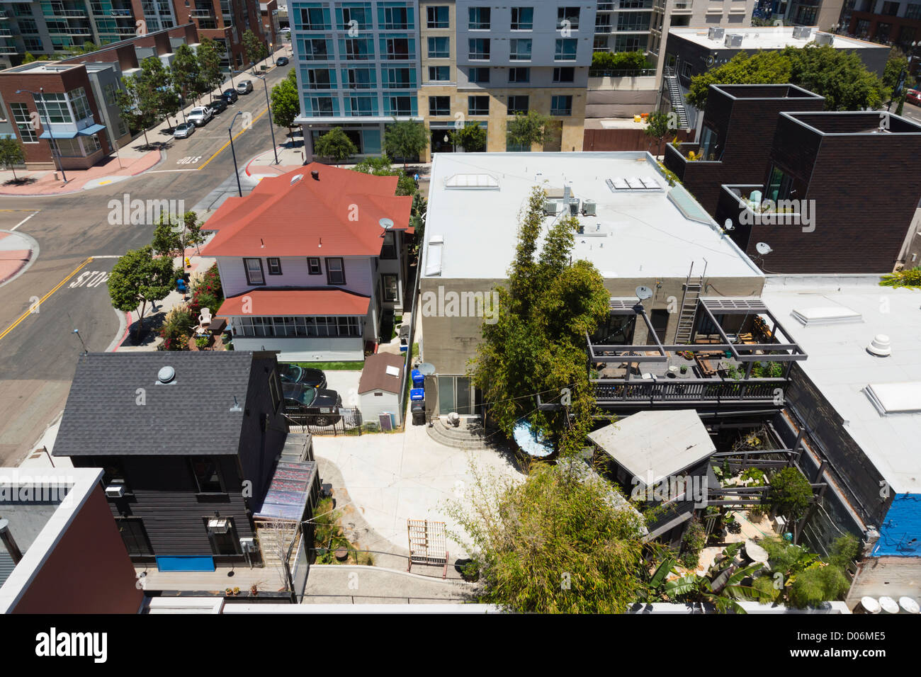 San Diego - looking down on the corner of Island and 9th Street, unusual low-rise buildings Stock Photo