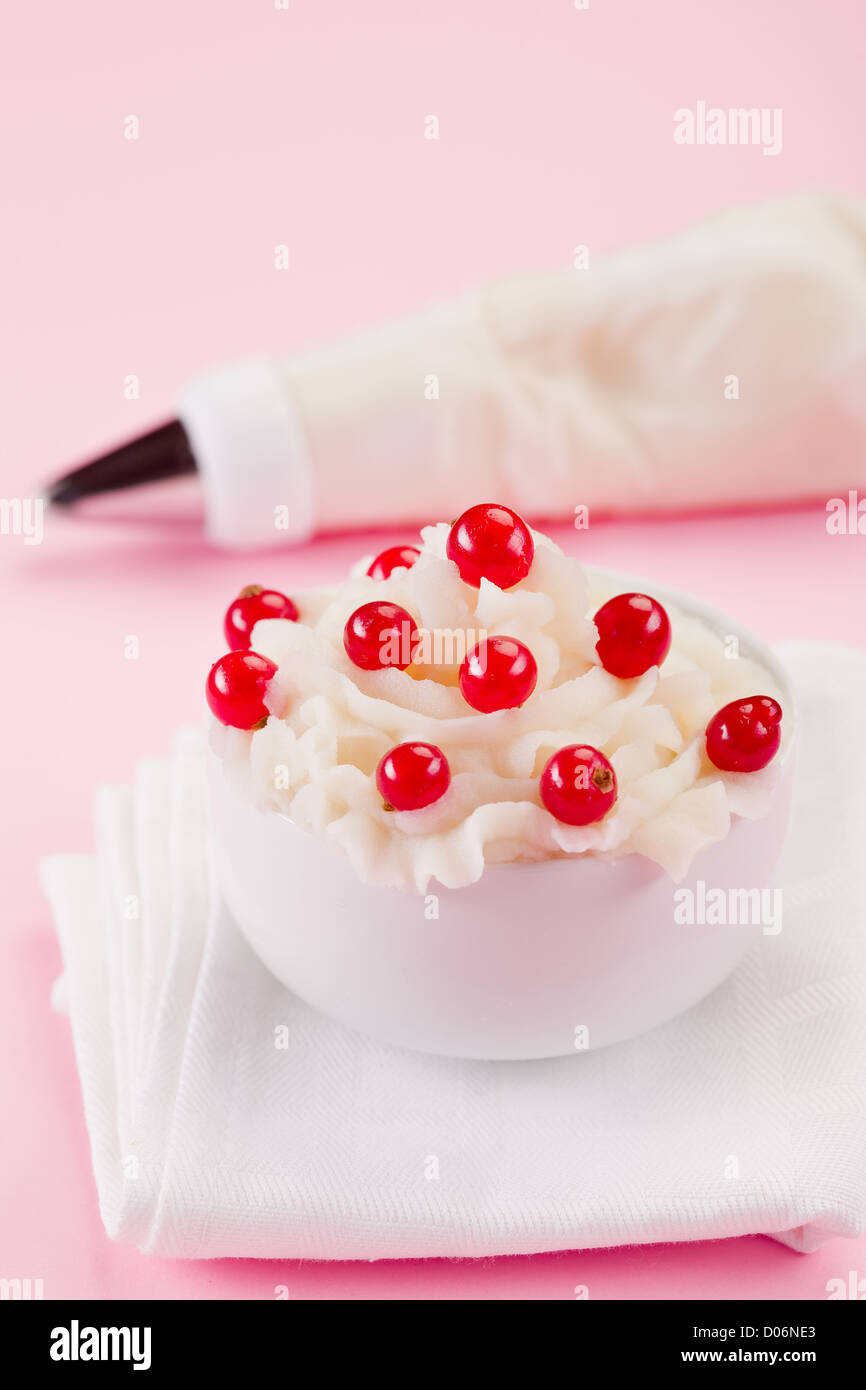 photo of delicious cream dessert with currants on rose background Stock